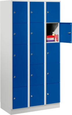 Wertfachschrank 300 mm, 3 Abteile, 15 Fächer, Sicherheitszylinderschloss, Sockel, enzianblau