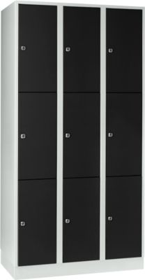 Wertfachschrank 300 mm, 3 Abteile, 9 Fächer, Sicherheitszylinderschloss, Sockel, tiefschwarz