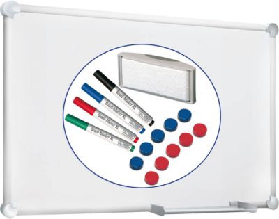 Whiteboard 2000 MAULpro, weiß kunststoffbeschichtet, magnethaftend, Rahmen silber, B 1200 x H 900 mm + 15-teiliges Zubehör-Set