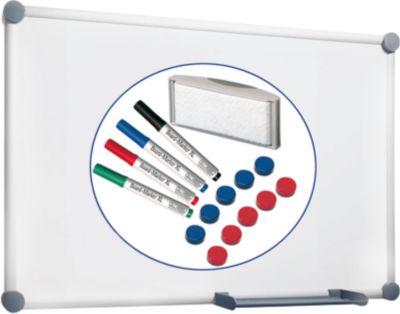 Whiteboard 2000 MAULpro, weiß kunststoffbeschichtet, magnethaftend, Rahmen silber, B 900 x H 600 mm + 15-teiliges Zubehör-Set