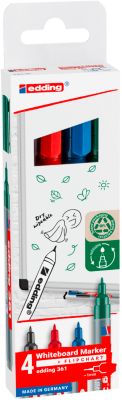 Whiteboardmarker Edding 361, Rundspitze, Strichstärke 1 mm, trocken abwischbar, mit Kappe und Clip, nachfüllbar, farbsortiertes 4er-Set