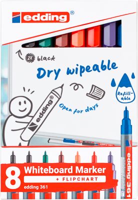 Whiteboardmarker Edding 361, Rundspitze, Strichstärke 1 mm, trocken abwischbar, mit Kappe und Clip, nachfüllbar, farbsortiertes 8er-Set