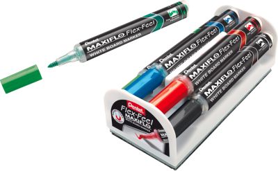 Whiteboardmarker Pentel Maxiflo Flex-Feel, Rundspitze mit variabler Strichstärke, Pumpsystem, farbsortiertes 4er-Set mit Halterung, Magnet & Schwamm