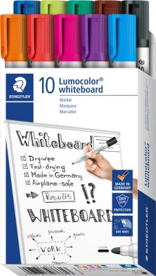 Whiteboardmarker Staedtler Lumocolor® 351, Rundspitze mit 2 mm, schnell trocknend & trocken abwischbar, mit Clip, farbsortiert, 10 Stück