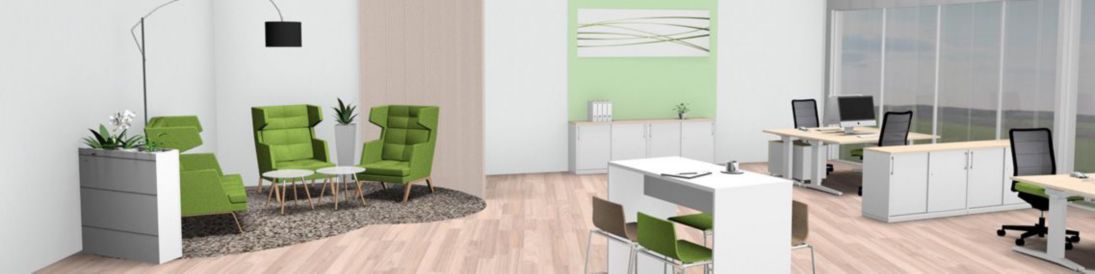 Büro mit Raumaufteilung in verschiedene Arbeitsbereiche