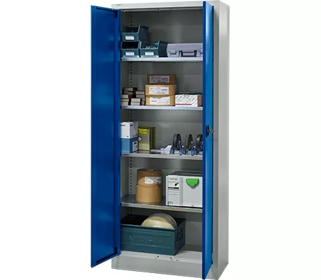 Materialschrank Schäfer Shop Pure, Zylinderschloss, Flügeltüren, 4 Zwischenböden, B 800 x T 400 x H 1935 mm, Stahl, lichtgrau/enzianblau