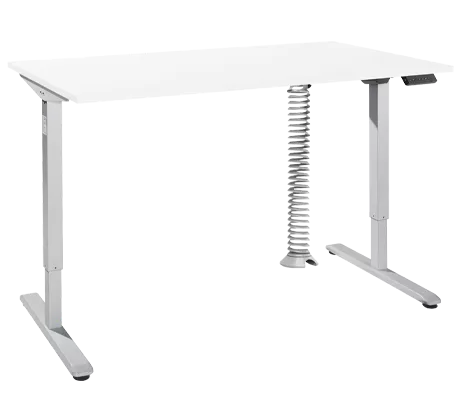 Schreibtisch, elektrisch höhenverstellbar, Rechteck, T-Fuß, B 1600 x T 800 x H 755-1255 mm, weiß/weißalu + Memory-Bedienpanel, Kabelspirale