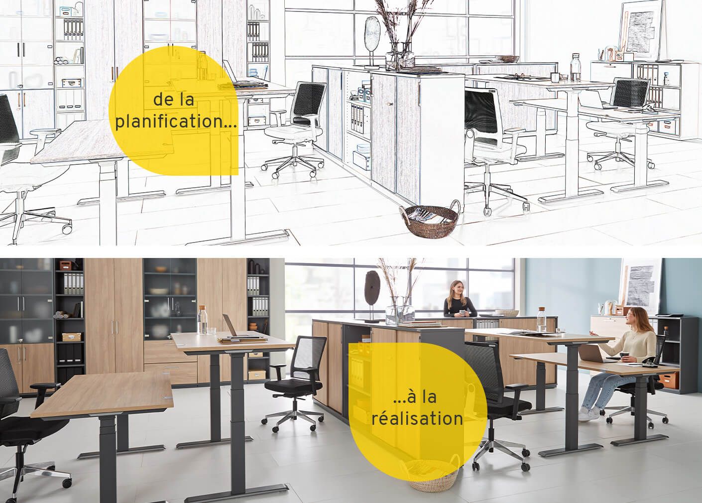 Croquis et résultat final d'un bureau paysager avec quatre postes de travail