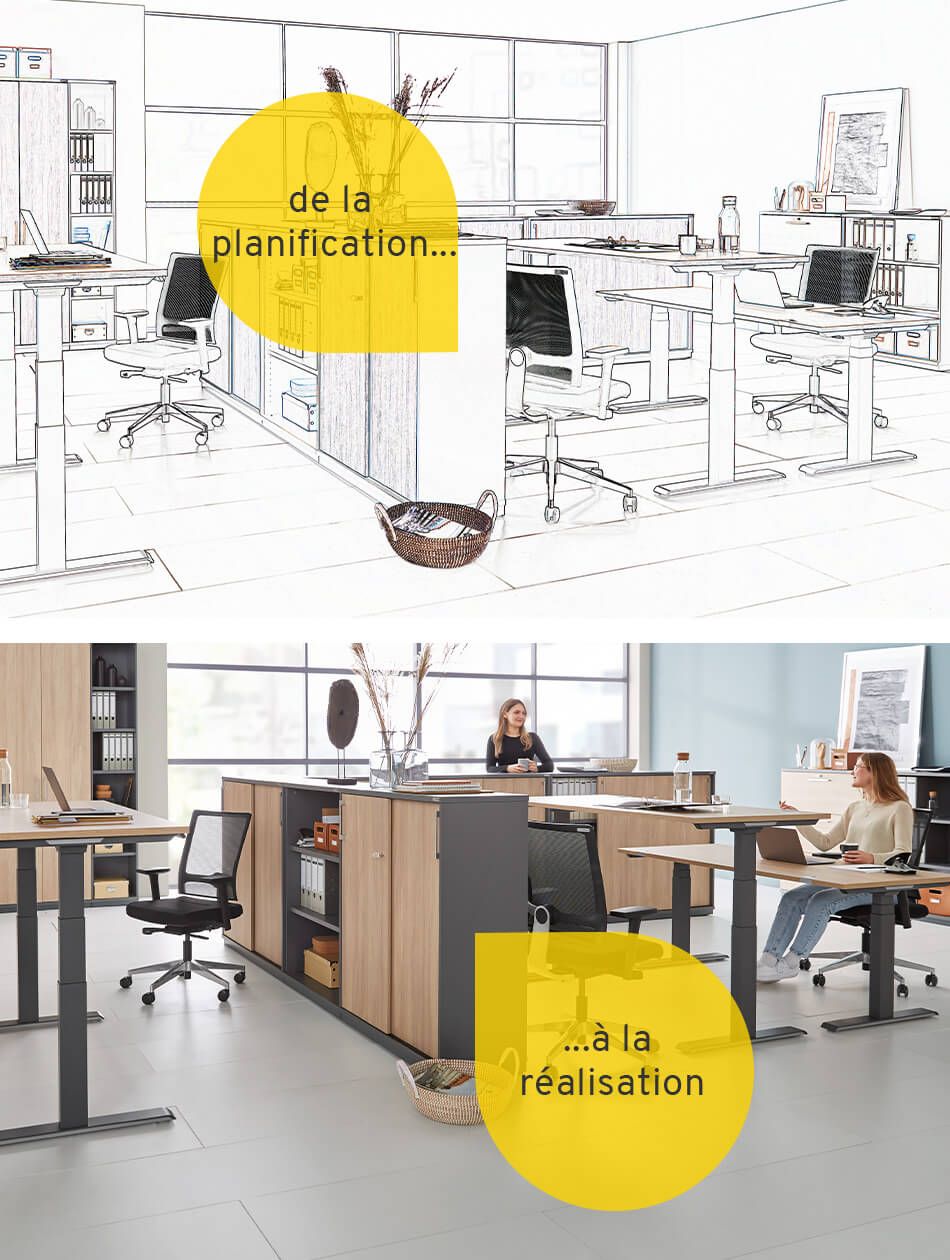 Croquis et résultat final d'un bureau paysager avec quatre postes de travail
