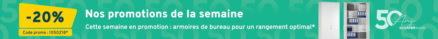 Un fond turquoise avec une armoire de bureau. Dans un cadre jaune, il est indiqué -20 pourcent. Il y a un logo « 50 ans de Schäfer Shop ». Texte : Nos promotions de la semaine. Cette semaine : armoires de bureau pour un rangement optimal* à -20% Code promo : 1050218*