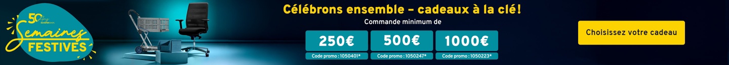 Célébrons ensemble - cadeaux à la clé : lot de bacs à bec, Commande minimum de 250 €, Code promo 1050401*; Clax chariot de transport, min. Commande minimum de 500 € Code promo 1050247*; Siège de bureau noir, Commande minimum de 1000 € Code promo 1050223*. Choissisez votre cadeau