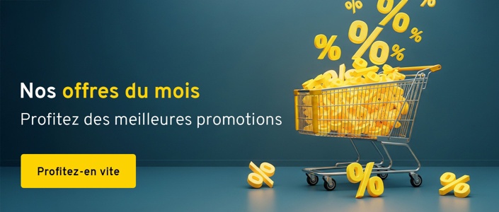 Un caddie est rempli de pourcentages. Texte : Nos offres du mois. Profitez des meilleures promotions. Profitez-en vite