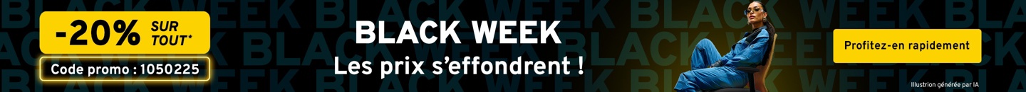 Une dame en combinaison sur un siège de bureau jaune. Texte : Black Week. Les prix s’effondrent ! -20 % sur tout* avec le code promo : 1050225