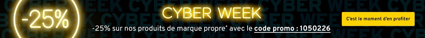 Il est indiqué en néon : -25 pourcent. Texte : -25 pourcent sur nos produits de marque* avec le code promo 1050226