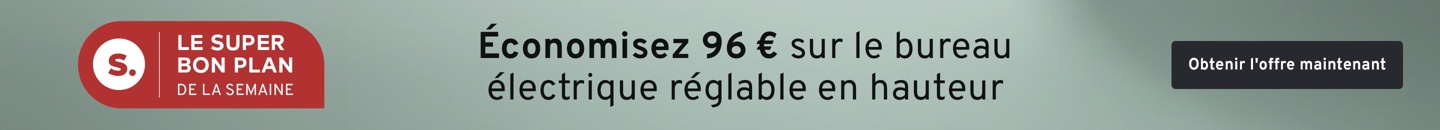 Bureau réglable en hauteur avec panneau mémoire. Texte : Le super bon plan de la semaine. Économisez 96 € sur le bureau électrique réglable en hauteur.