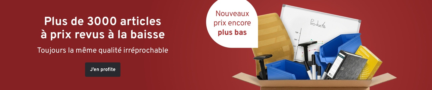 Un carton contenant divers produits, tels que des bacs et des sièges de bureau. Texte : Plus de 3 000 articles à prix revus à la baisse. Toujours la même qualité irréprochable. J'en profite