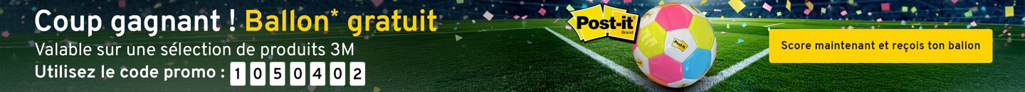 Un ballon de football aux couleurs vives avec un logo Post-it. Texte : Coup gagnant ! Ballon gratuit. Valable sur une sélection de produits 3M Utilisez le code promo : 1050402