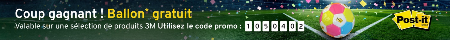 Un ballon de football aux couleurs vives avec un logo Post-it. Texte : Coup gagnant ! Ballon gratuit. Valable sur une sélection de produits 3M Utilisez le code promo : 1050402