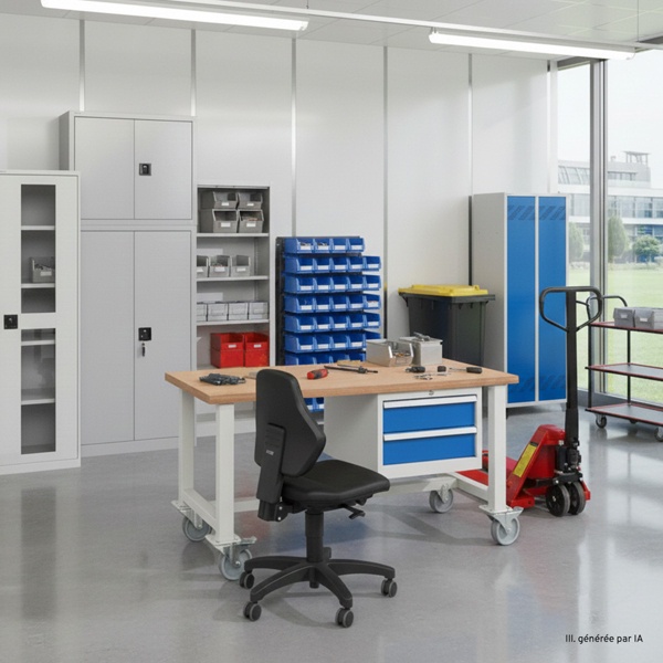 Divers matériel pour l'entrepôt et l'atelier : bacs de rangement, chariots de transport, une table de travail avec chaise assortie, divers meubles de rangement et une poubelle.