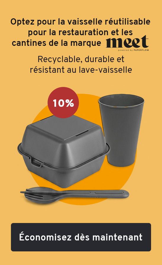 Optez pour la vaisselle réutilisable pour la restauration et les cantines de la marque meet by Paperflow. Recyclable, durable et résistant au lave-vaisselle. Économisez dès maintenant -10 pourcent