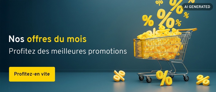 Un caddie est rempli de pourcentages. Texte : Nos offres du mois. Profitez des meilleures promotions. Profitez-en vite