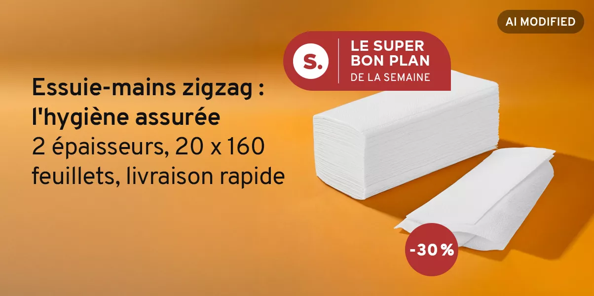Le super bon plan de la semaine. Essuie-mains zigzag: l'hygiène assurée. 2 épaisseurs, 20 x 160 feuillets, livraison rapide. - Image : un paquet d'essuie-mains en papier pliés