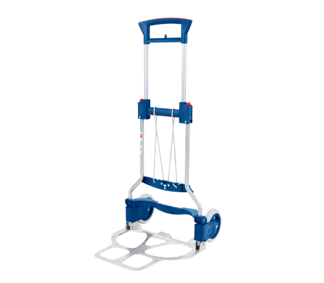 Blauwe steekwagen, metalen frame, handvat. Witte touwen, twee wielen.