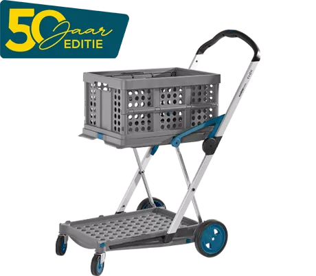 Opvouwbare mobiele CLAX®, 2 legborden, belastbaar tot 60 kg, zwenk- en bokwielen, incl. 46 l opvouwbare box, aluminium & kunststof, grijs/benzine