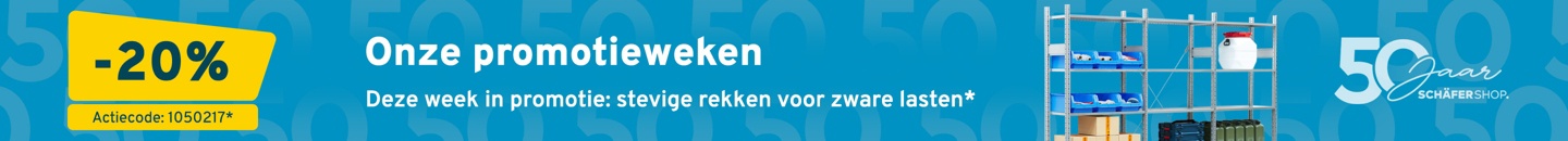 Een magazijnrek op een felblauwe achtergrond. Tekst: Onze promotieweken. Deze week -20 procent op stevige rekken voor zware lasten ter gelegenheid van 50 jaar Sch&auml;fer Shop. Actiecode: 1050217