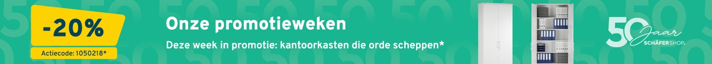 Een turquoisen achtergrond met een kantoorkast. In een geel vlak staat -20 procent aangeduid Er staat een logo van 50 jaar Schäfer Shop. Tekst: Onze promotieweken. Deze week: Kantoorkasten die orde scheppen* aan -20%. Actiecode: 1050218*