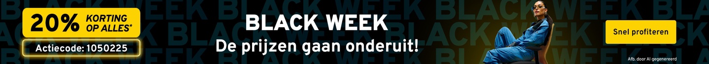 Een dame in overalls op een gele bureaustoel. Tekst: Black Week De prijzen gaan onderuit! 20% korting op alles* met de actiecode: 1050225