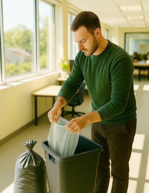 Ein Mitarbeiter in einem Büro ersetzt den vollen Müllsack im Mülleimer durch einen neuen Müllsack.