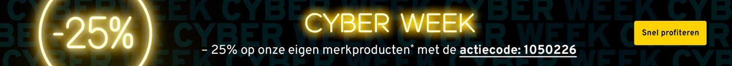 In neon staat -25 procent. Tekst: - 25 procent op onze eigen merkproducten* met de actiecode 1050226