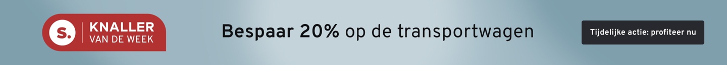 Een transportwagen met blauw metalen frame en 2 houten etages. Text: Knaller van de week. Bespaar 20 procent op de transportwagen. Tijdelijke actie: profiteer nu
