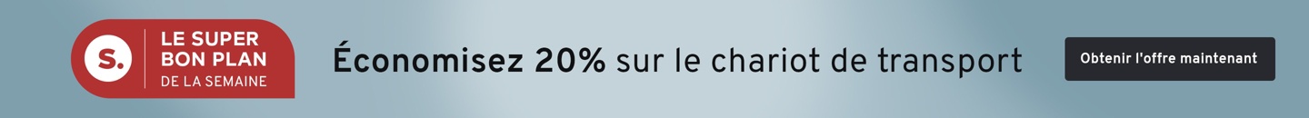 Un chariot de transport avec un cadre métallique bleu et deux étagères en bois. Texte : Le super bon plan de la semaine. Économisez 20 pourcent sur le chariot de transport. Obtenir l'offre maintenant