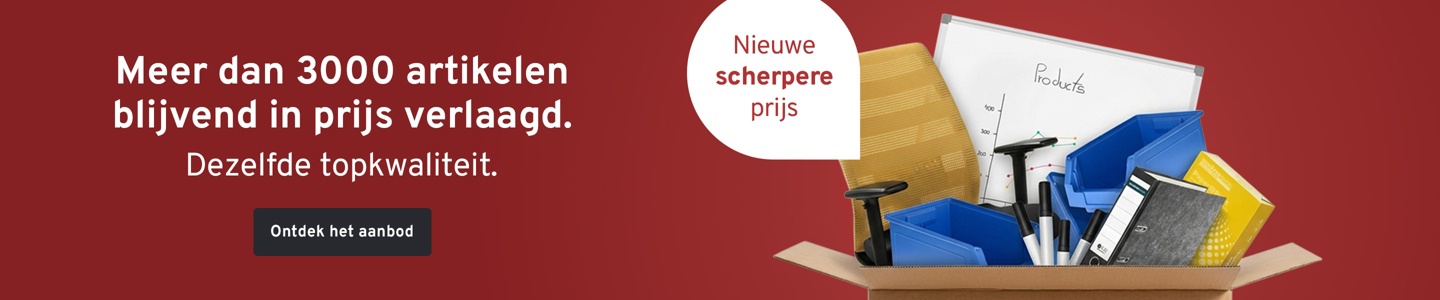 Een doos met verschillende producten zoals bakken en bureaustoelen. Tekst: Meer dan 3000 artikelen blijvend in prijs verlaagd. Dezelfde topkwaliteit. Ontdek het aanbod