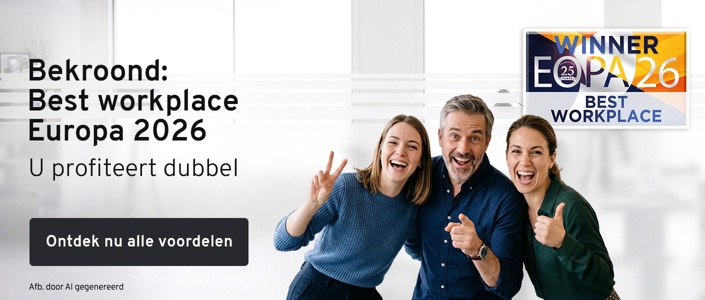 3 juichende mensen. Tekst: Bekroond: Best Workplace Europa 2026. U profiteert dubbel. Ontdek nu alle voordelen