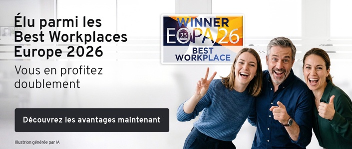 3 personnes qui se réjouissent. Texte : Élu parmi les Best Workplaces Europe 2026. Vous en profitez doublement. Découvrez les avantages maintenant