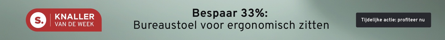 Bureaustoel met grijze rugleuning. Tekst: Bespaar 33 procent
