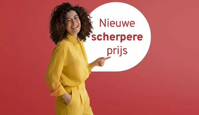 Vrouw op een rode achtergrond met bubbel: nieuwe, scherpere prijzen