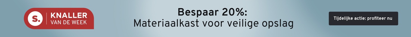 Materiaalkast voor veilige opslag. Tekst: Knaller van de week, Bespaar 20 procent