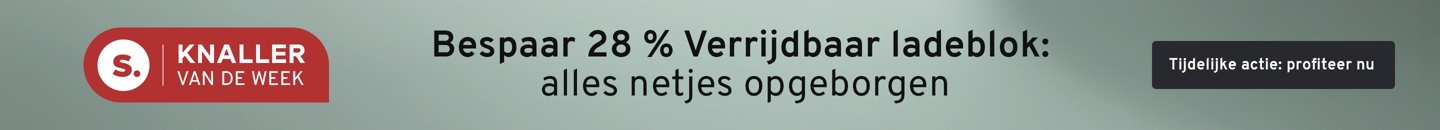 knaller van de week. Tekst:Bespaar 28 % Verrijdbaar ladeblok: alles netjes opgeborgen
