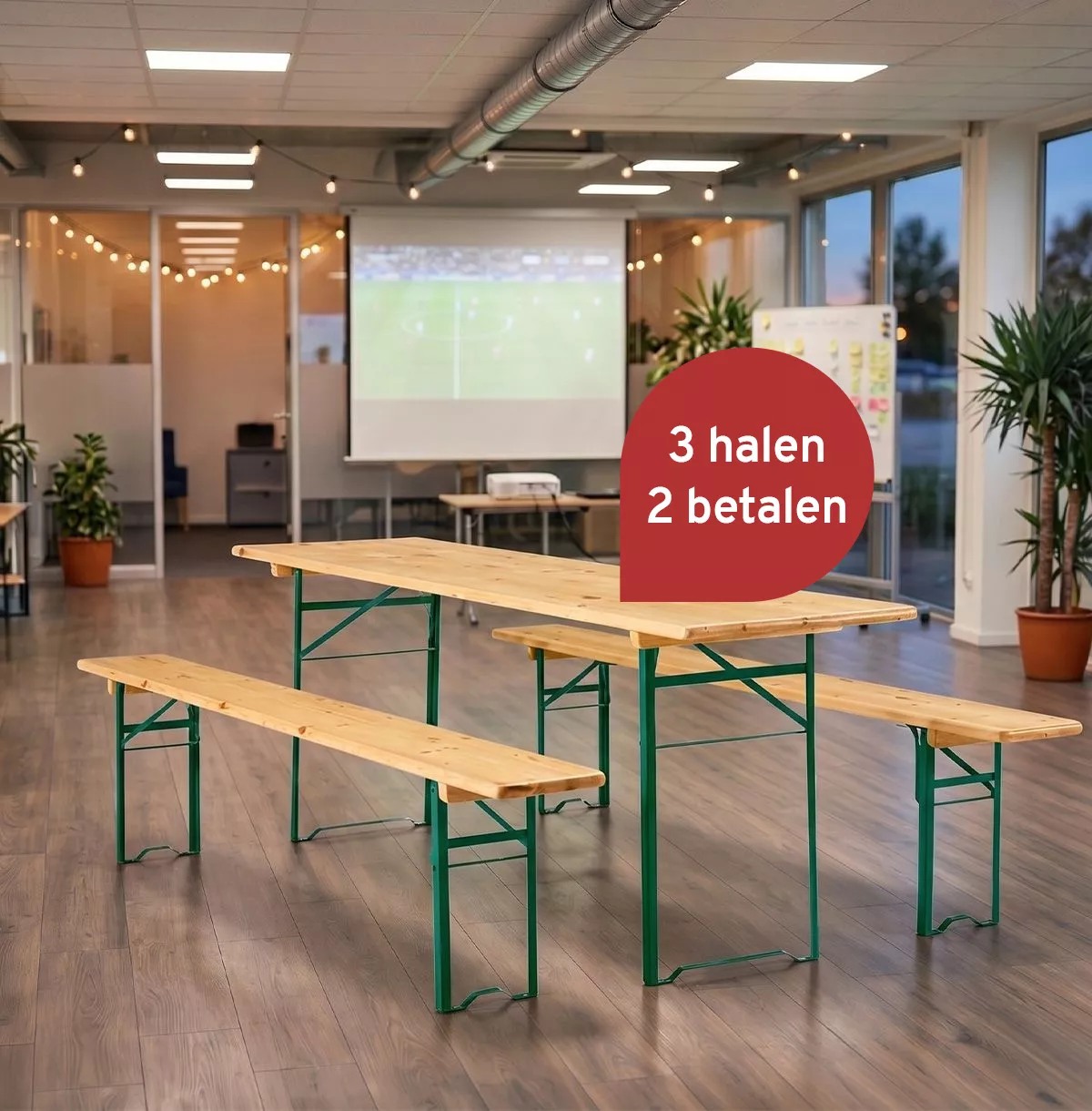 Biertafel-set in een moderne ruimte met de aanbieding: 3 halen, 2 betalen