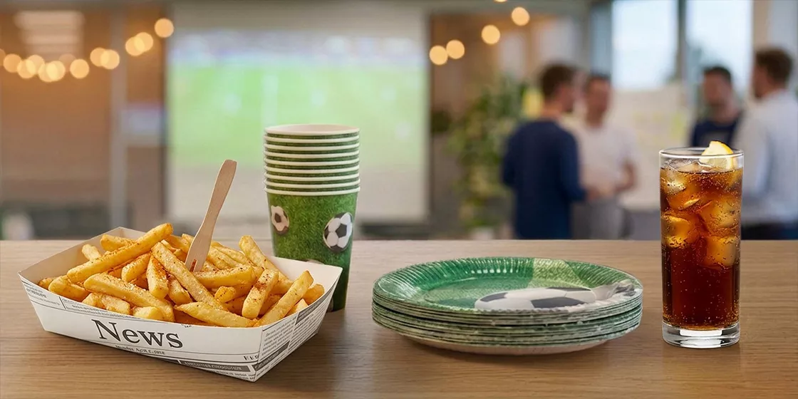 Kartonnen bekers en bordjes, een glas cola en een bakje frietjes op een tafel