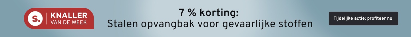 Een opvangbak voor gevaarlijke stoffen. Tekst: 7 procent korting: Stalen opvangbak voor gevaarlijke stoffen