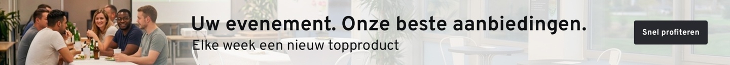 Een groepje mensen aan een feesttafel op kantoor. Tekst: Uw evenement. Onze beste aanbiedingen. Elke week een nieuw topproduct. Snel profiteren