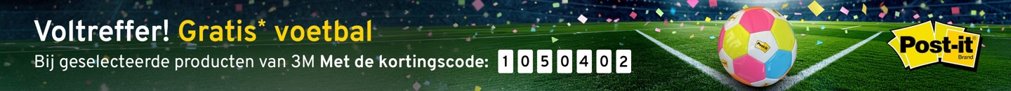 Een fel gekleurde voetbal met logo post-it. Tekst: Voltreffer! Gratis voetbal. Bij geselecteerde producten van 3M. Met de kortingscode: 1050402