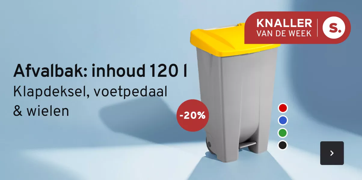 Een grijze afvalbak met geel klapdeksel. Ook verkrijgbaar in andere kleuren. Tekst: Knaller van de week. Afvalbak: inhoud 120 l. Klapdeksel, voetpedaal en wielen; -20 procent