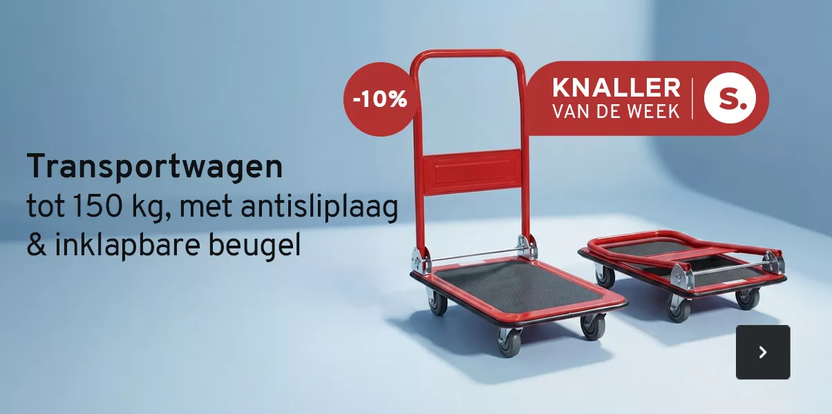 Twee rode plateauwagens. Een van beide heeft een ingeklapte duwbeugel. Tekst: Knaller van de week. Transportwagen, tot 150 kg, met antisliplaag en inklapbare beugel aan -10 procent