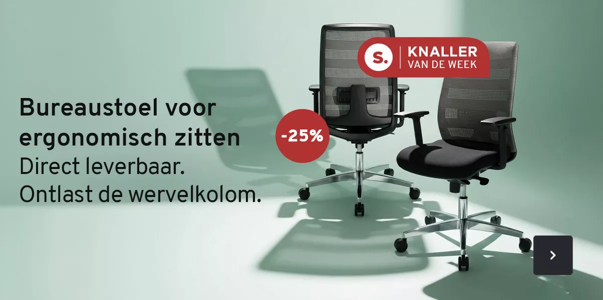 Een bureaustoel met grijze netrugleuning. Bureaustoel met grijze rugleuning. Bureaustoel voor ergonomisch zitten. Direct leverbaar. Ontlast de wervelkolom. -25 procent
